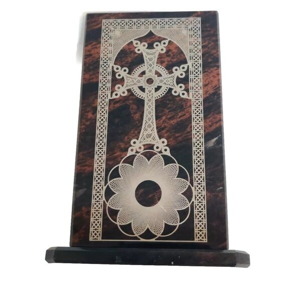 Celtic Cross Silver Print on Glass 6" Stand Mahogany Obsidian ? Alter Safe Space - Picture 1 of 13
